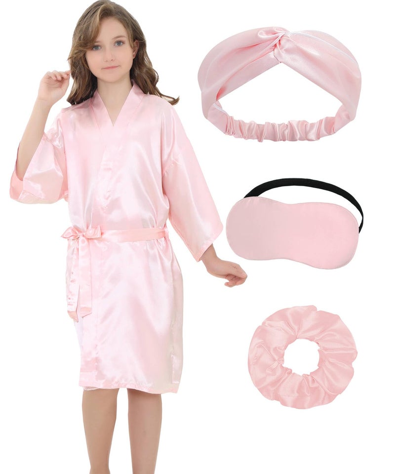 EPLAZA Kids Girls Satin Robe with Hair Band Eye Mask for Birthday Spa Bridal Party Flower Girls Wedding Robes Kimono (Pink, Tag 12) - Image 1